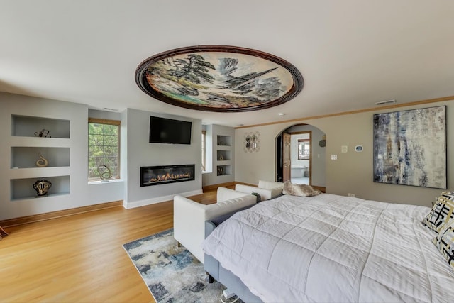 1206 Lathrop Ave, River Forest, IL 60305 - bedroom featuring arched walkways, wood finished floors, and a glass covered fireplace