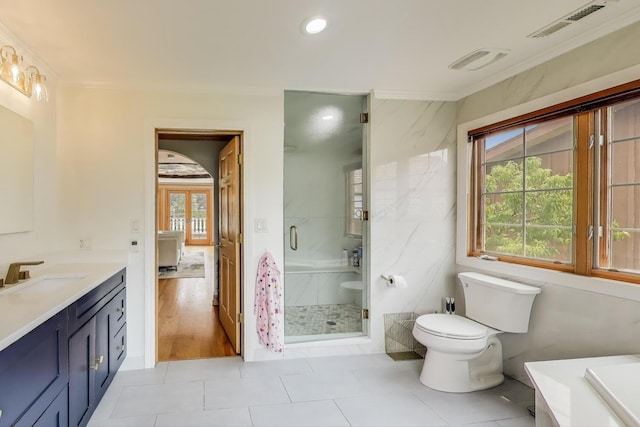 1206 Lathrop Ave, River Forest, IL 60305 - full bath featuring vanity, crown molding, a shower stall, tile patterned flooring, and recessed lighting