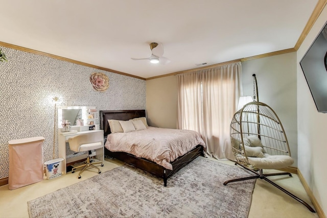 1206 Lathrop Ave, River Forest, IL 60305 - bedroom with ornamental molding, carpet flooring, wallpapered walls, and a ceiling fan
