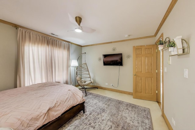 1206 Lathrop Ave, River Forest, IL 60305 - bedroom with light colored carpet, ornamental molding, and ceiling fan