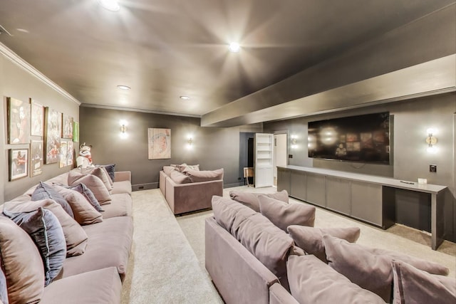 1206 Lathrop Ave, River Forest, IL 60305 - home theater room featuring light colored carpet, ornamental molding, and recessed lighting