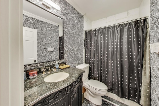 1206 Lathrop Ave, River Forest, IL 60305 - bathroom featuring wallpapered walls, vanity, and a shower with curtain