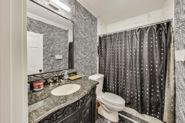 1206 Lathrop Ave, River Forest, IL 60305 - bathroom featuring wallpapered walls, vanity, and a shower with curtain