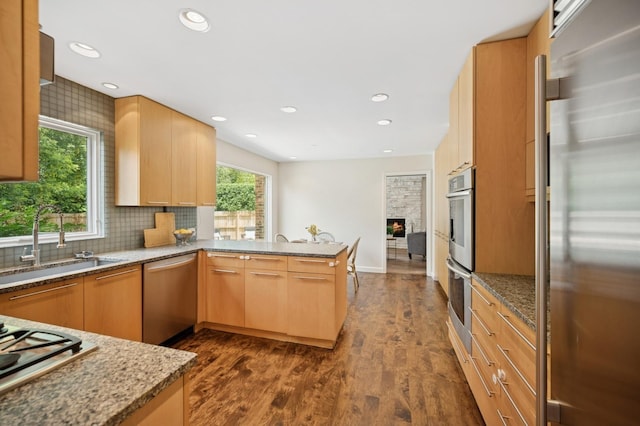 2416 Birchwood Ln, Wilmette, IL 60091 - kitchen featuring appliances with stainless steel finishes, a peninsula, light stone counters, dark wood-style floors, and recessed lighting