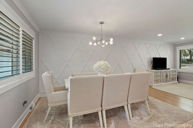 813 E Gardenia Ln, Palatine, IL 60074 - dining space with a decorative wall, a chandelier, light wood-style flooring, and recessed lighting