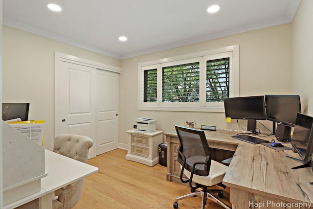 813 E Gardenia Ln, Palatine, IL 60074 - home office featuring ornamental molding, light wood finished floors, and recessed lighting
