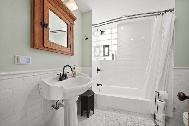 2347 Clarence Ave, Berwyn, IL 60402 - full bathroom with tile walls, wainscoting, shower / tub combo with curtain, and tile patterned flooring