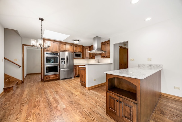 1447 Hillcrest Rd, Downers Grove, IL 60516 - kitchen with stainless steel appliances, wall chimney exhaust hood, open shelves, brown cabinetry, and a chandelier