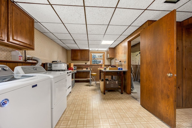 1447 Hillcrest Rd, Downers Grove, IL 60516 - washroom with separate washer and dryer, light flooring, wallpapered walls, and cabinet space