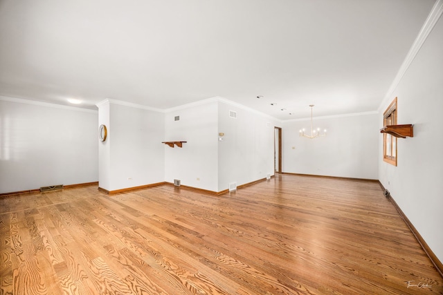 1447 Hillcrest Rd, Downers Grove, IL 60516 - empty room with a chandelier, light wood-style flooring, and ornamental molding