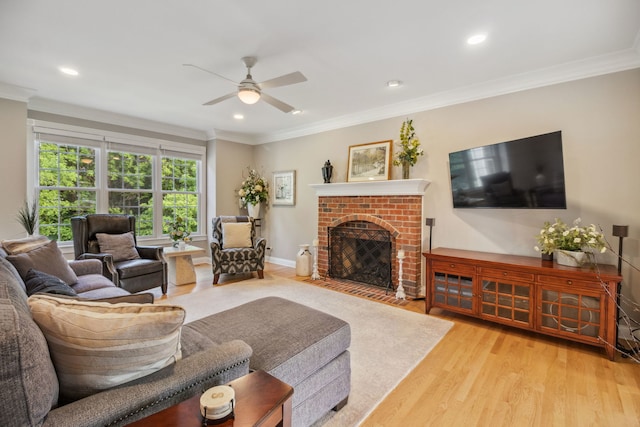 38W385 Stevens Glen Rd, Saint Charles, IL 60175 - living room with ceiling fan, a fireplace, wood finished floors, ornamental molding, and recessed lighting