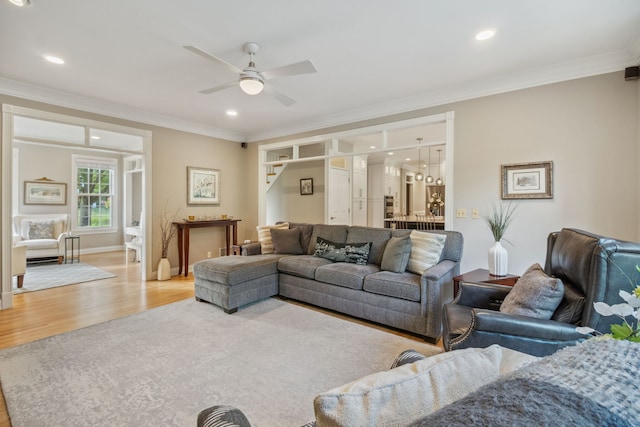 38W385 Stevens Glen Rd, Saint Charles, IL 60175 - living room with ceiling fan, light wood-style flooring, ornamental molding, and recessed lighting