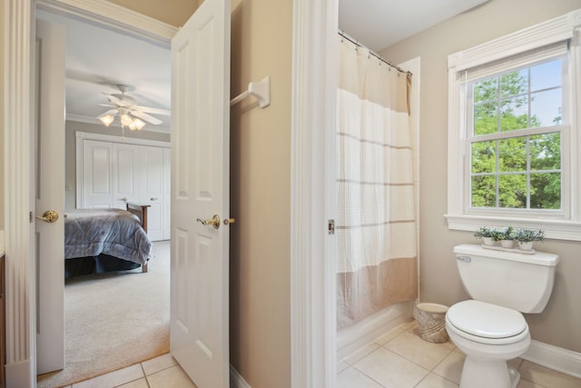 38W385 Stevens Glen Rd, Saint Charles, IL 60175 - bathroom featuring tile patterned floors, a shower with shower curtain, ceiling fan, and connected bathroom
