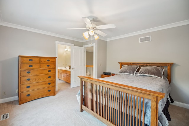 38W385 Stevens Glen Rd, Saint Charles, IL 60175 - bedroom featuring light colored carpet, crown molding, ceiling fan, and ensuite bathroom