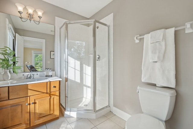 38W385 Stevens Glen Rd, Saint Charles, IL 60175 - bathroom featuring vanity, a stall shower, tile patterned floors, and a chandelier