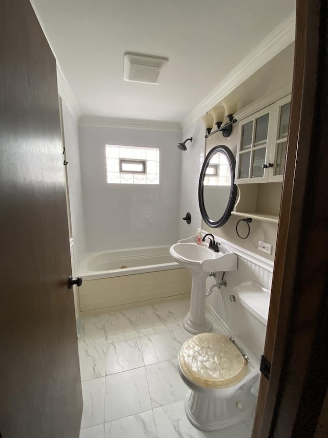 11737 S Kedvale Ave, Alsip, IL 60803 - full bathroom featuring marble look tiles, washtub / shower combination, and ornamental molding