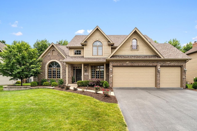 11646 Liberty Ln, Plainfield, IL 60585 - traditional-style house featuring asphalt driveway, brick siding, a front lawn, roof with shingles, and an attached garage