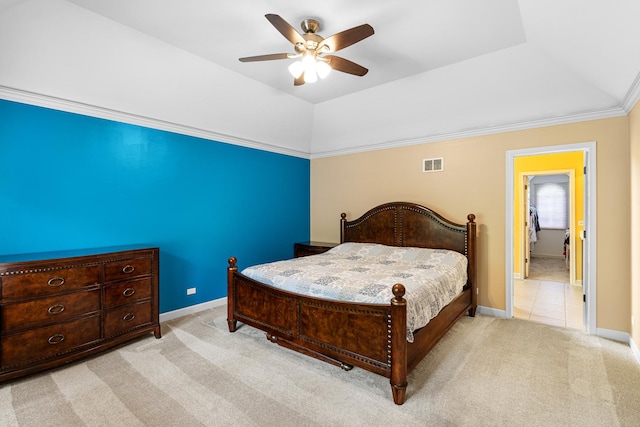 11646 Liberty Ln, Plainfield, IL 60585 - bedroom featuring light colored carpet, a raised ceiling, a ceiling fan, and crown molding