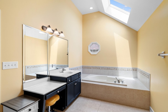 11646 Liberty Ln, Plainfield, IL 60585 - full bath featuring vanity, vaulted ceiling, a garden tub, a skylight, and tile patterned flooring