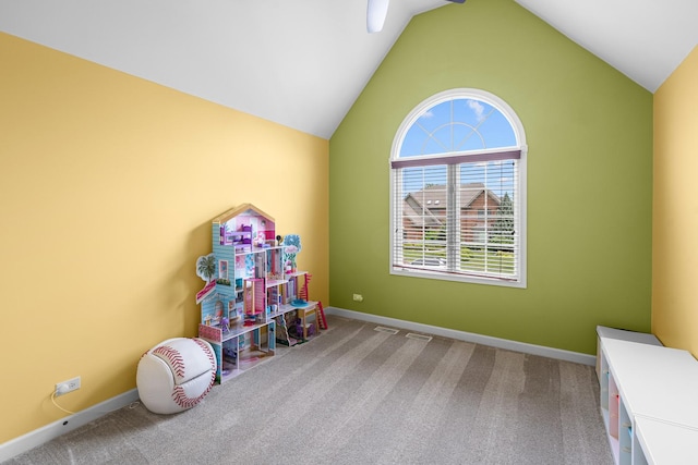11646 Liberty Ln, Plainfield, IL 60585 - recreation room featuring carpet, vaulted ceiling, and a ceiling fan