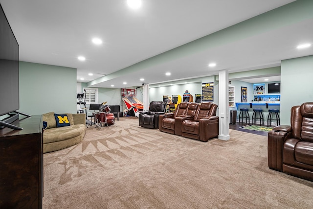 11646 Liberty Ln, Plainfield, IL 60585 - living area featuring a bar, carpet, and recessed lighting