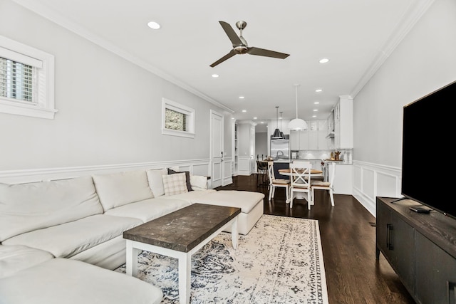 2769 N Kenmore Ave Unit 1, Chicago, IL 60614 - living room featuring ornamental molding, a ceiling fan, a decorative wall, recessed lighting, and dark wood-type flooring