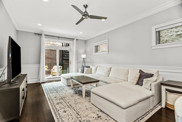 2769 N Kenmore Ave Unit 1, Chicago, IL 60614 - living area with a ceiling fan, dark wood-style floors, crown molding, recessed lighting, and wainscoting