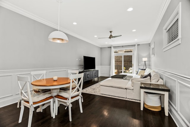 2769 N Kenmore Ave Unit 1, Chicago, IL 60614 - dining space featuring recessed lighting, a ceiling fan, ornamental molding, a wainscoted wall, and wood finished floors