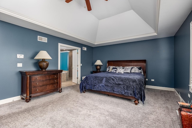5327 Bamboo Ln, Naperville, IL 60564 - carpeted bedroom featuring vaulted ceiling, a ceiling fan, ensuite bath, and a tray ceiling