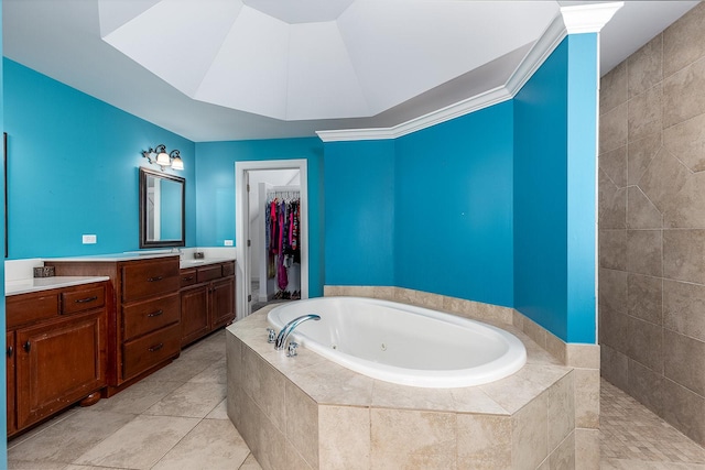 5327 Bamboo Ln, Naperville, IL 60564 - bathroom featuring a whirlpool tub, vanity, tile patterned floors, and a walk in closet
