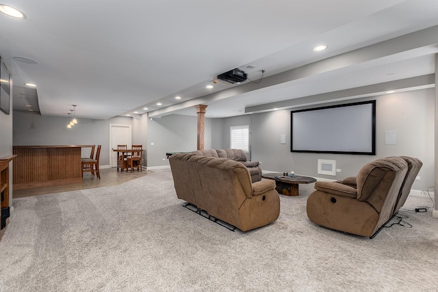 5327 Bamboo Ln, Naperville, IL 60564 - home theater room featuring carpet flooring, recessed lighting, a dry bar, and decorative columns