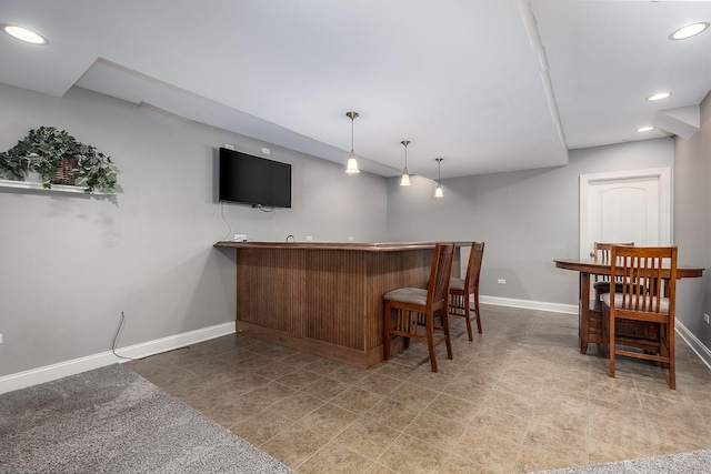 5327 Bamboo Ln, Naperville, IL 60564 - indoor wet bar featuring recessed lighting, hanging light fixtures, and tile patterned floors