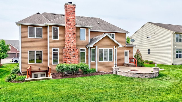 5327 Bamboo Ln, Naperville, IL 60564 - back of property featuring a lawn, a chimney, a patio area, and a shingled roof