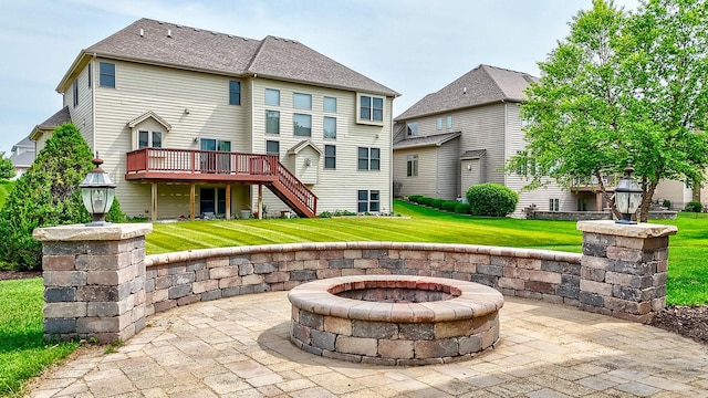 5327 Bamboo Ln, Naperville, IL 60564 - rear view of house with an outdoor fire pit, a wooden deck, stairs, a patio, and a yard