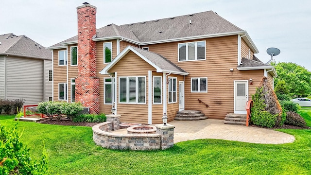 5327 Bamboo Ln, Naperville, IL 60564 - rear view of property with a patio area, a yard, a chimney, and a shingled roof