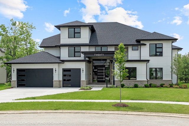 20 Pinnacle Ct, Naperville, IL 60565 - view of front facade featuring a shingled roof, driveway, a front yard, a garage, and stone siding
