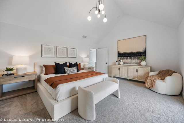 20 Pinnacle Ct, Naperville, IL 60565 - bedroom featuring carpet, high vaulted ceiling, and a chandelier