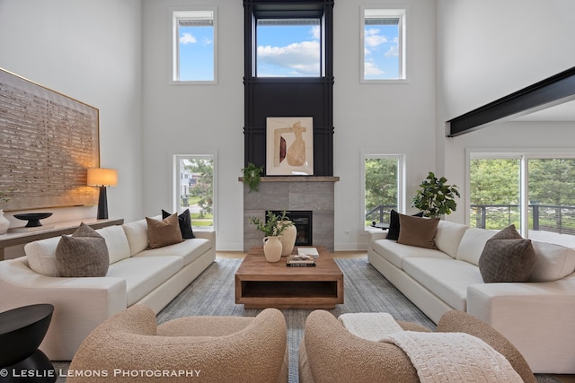 20 Pinnacle Ct, Naperville, IL 60565 - living room featuring a towering ceiling, wood finished floors, and a tiled fireplace