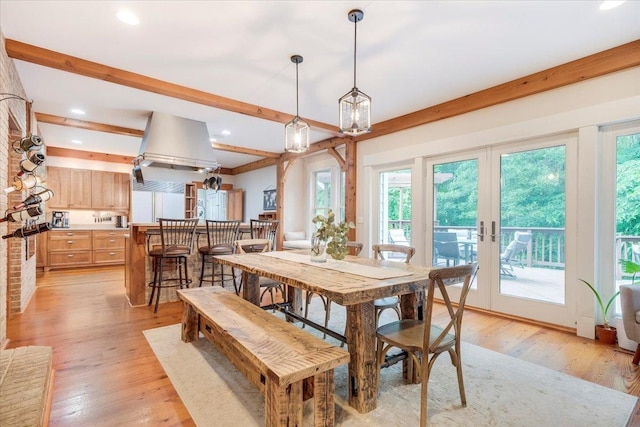 2 Timber Ridge Ln, Mansfield, IL 61854 - dining area featuring light wood finished floors, beamed ceiling, french doors, and recessed lighting