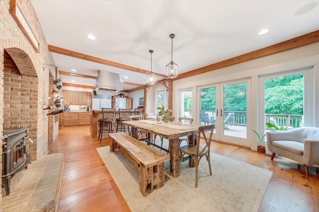 2 Timber Ridge Ln, Mansfield, IL 61854 - dining area featuring french doors, light wood-style floors, beamed ceiling, and recessed lighting