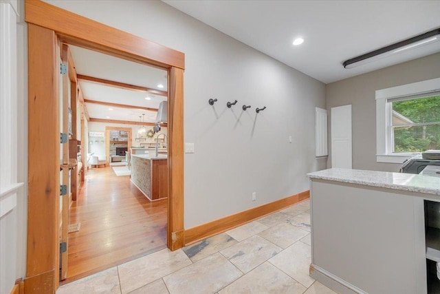 2 Timber Ridge Ln, Mansfield, IL 61854 - kitchen with light stone counters, light tile patterned floors, and recessed lighting