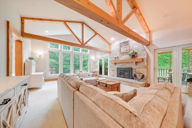 2 Timber Ridge Ln, Mansfield, IL 61854 - living area with beamed ceiling, a fireplace, healthy amount of natural light, light colored carpet, and recessed lighting