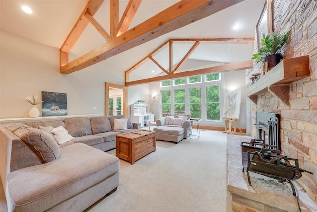 2 Timber Ridge Ln, Mansfield, IL 61854 - living area featuring beamed ceiling, light colored carpet, a stone fireplace, recessed lighting, and high vaulted ceiling