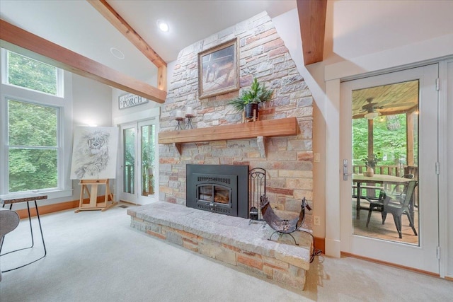 2 Timber Ridge Ln, Mansfield, IL 61854 - living area with beam ceiling, a fireplace, carpet, healthy amount of natural light, and high vaulted ceiling