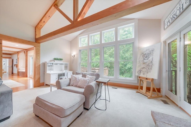 2 Timber Ridge Ln, Mansfield, IL 61854 - living room with beamed ceiling, high vaulted ceiling, and light carpet