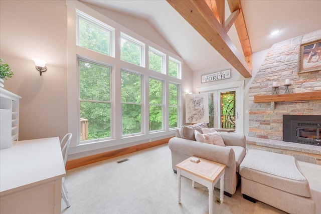 2 Timber Ridge Ln, Mansfield, IL 61854 - living area featuring a fireplace, high vaulted ceiling, and beamed ceiling