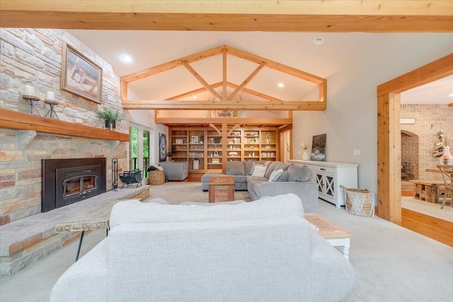 2 Timber Ridge Ln, Mansfield, IL 61854 - living area with a fireplace, beamed ceiling, high vaulted ceiling, recessed lighting, and built in shelves