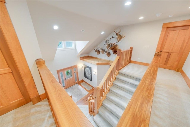 2 Timber Ridge Ln, Mansfield, IL 61854 - stairs with carpet floors, recessed lighting, and lofted ceiling
