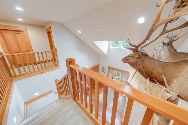 2 Timber Ridge Ln, Mansfield, IL 61854 - staircase featuring a skylight, carpet, recessed lighting, and vaulted ceiling
