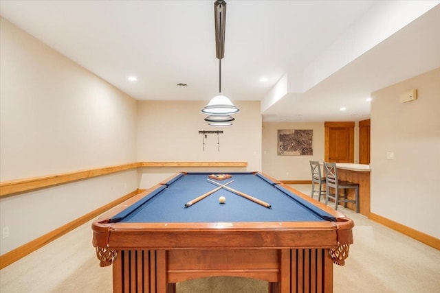 2 Timber Ridge Ln, Mansfield, IL 61854 - rec room with pool table, light colored carpet, a bar, and recessed lighting